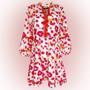 Printed White Midi Dress with Pink & Orange Floral Accents